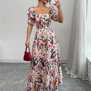 Vibrant Floral Maxi Dress with Puff Sleeves